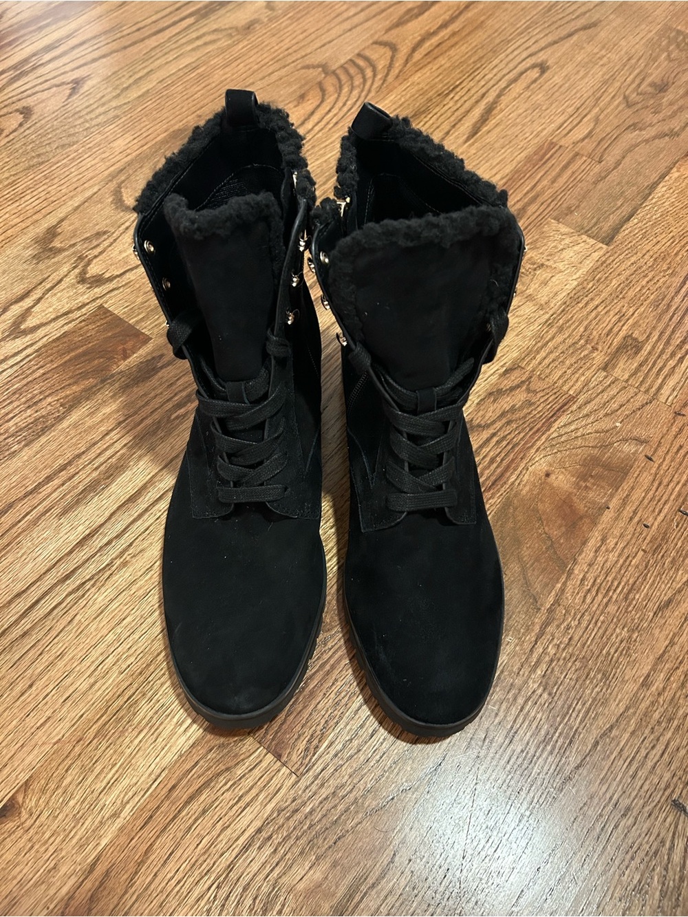 kate spade Black Faux-Shearling Lace-Up Ankle Boots